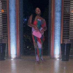 PLT Plus Multi Printed Plisse Cowl Neck Maxi Dress